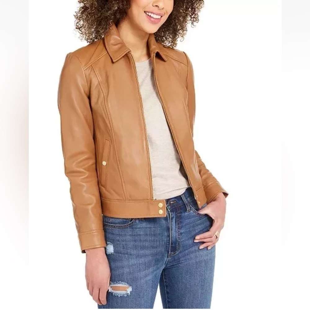 COLE HAAN Women's Leather Shirt Collar Jacket NWT